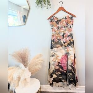 Jovani Floral Strapless Corset Silk And Lace Applique Evening Dress Sz 10